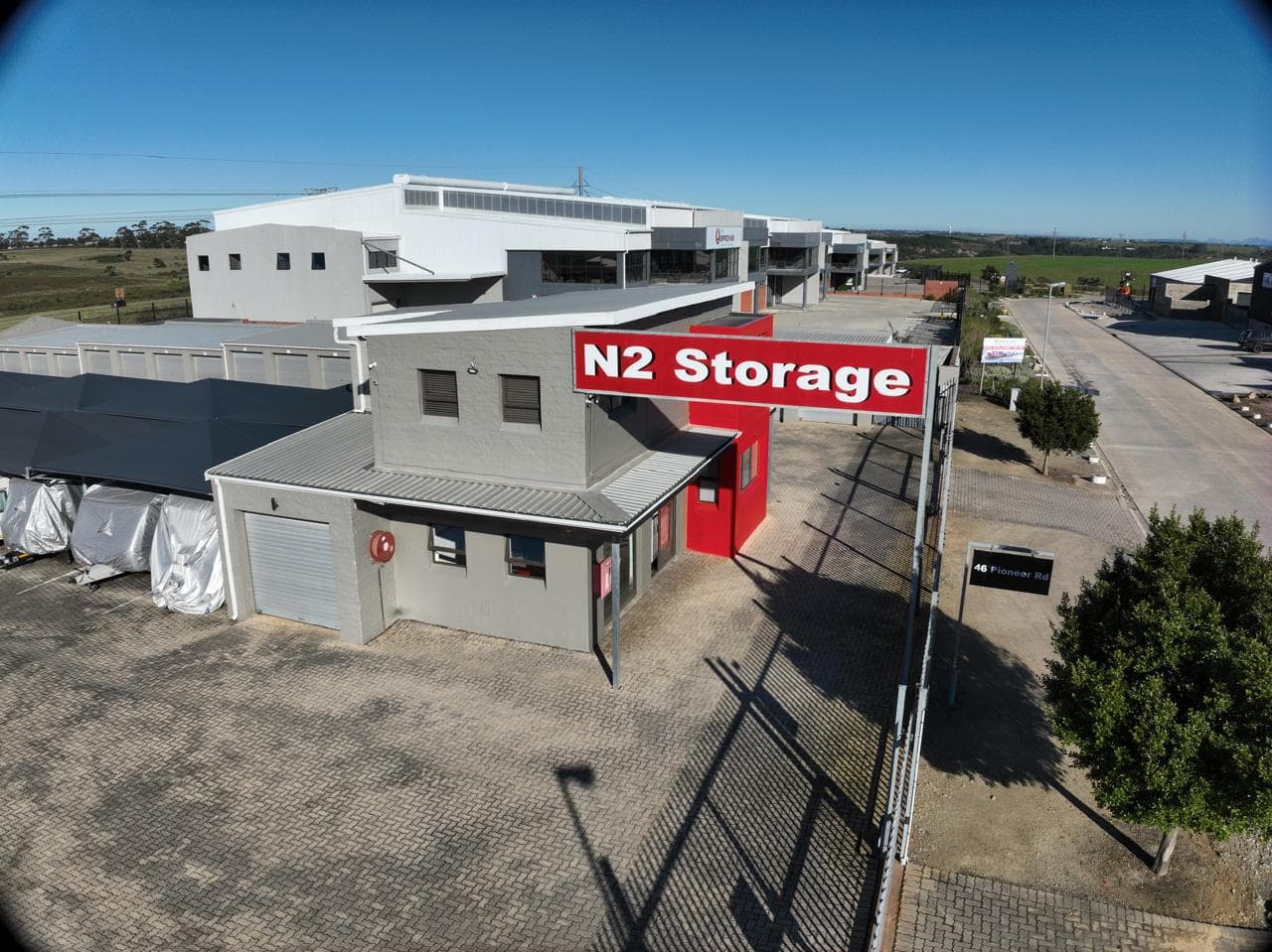 N2 Storage signage and office building at 46 Pioneer Road, Pacaltsdorp